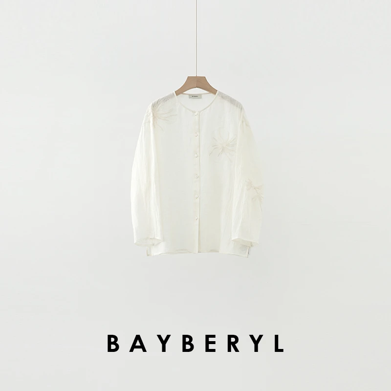 BAYBERYL老贝浔花*亚麻白刺绣文艺圆领单排扣衬衫NCY5F1603