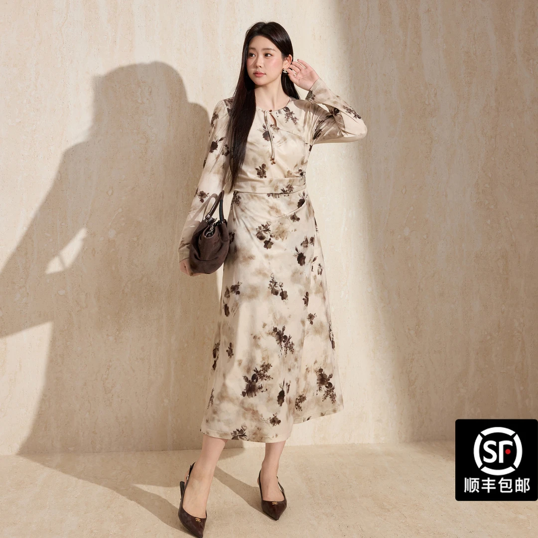 蓝语大码女装丝绒印花长袖连衣裙2025秋冬新款掐腰遮肉气质长裙子