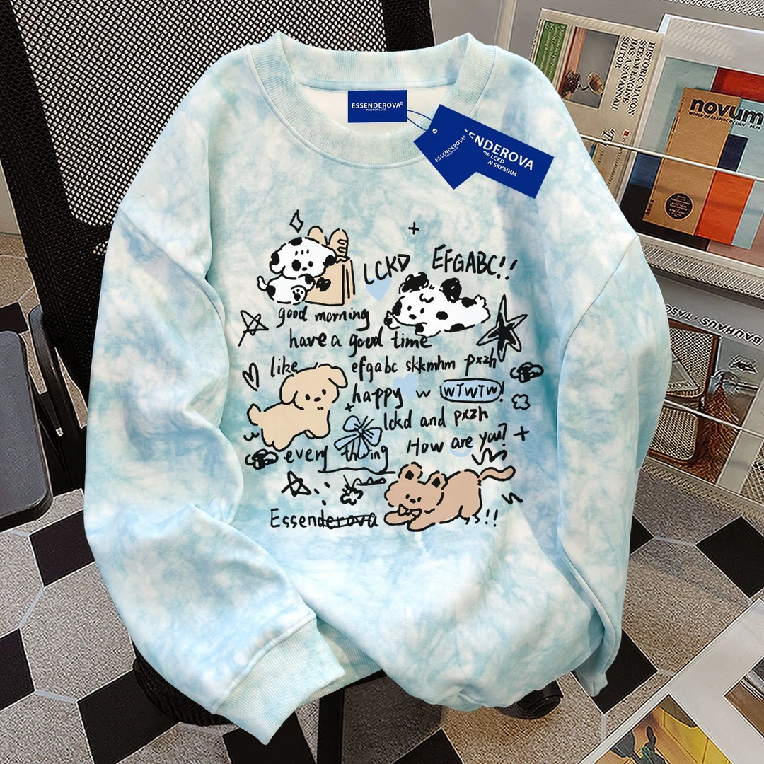 日系休闲新款可爱扎染圆领卫衣男女秋冬季加绒加厚宽松显瘦上衣潮