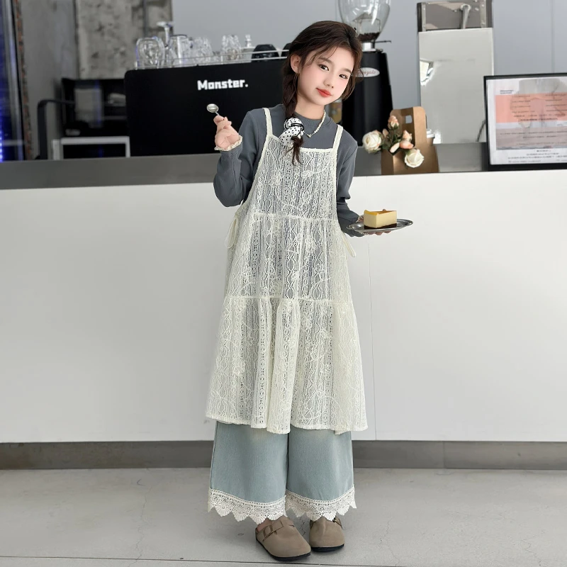 女童秋季连衣裙韩系镂空背心裙叠穿套装2025新款儿童百搭吊带裙