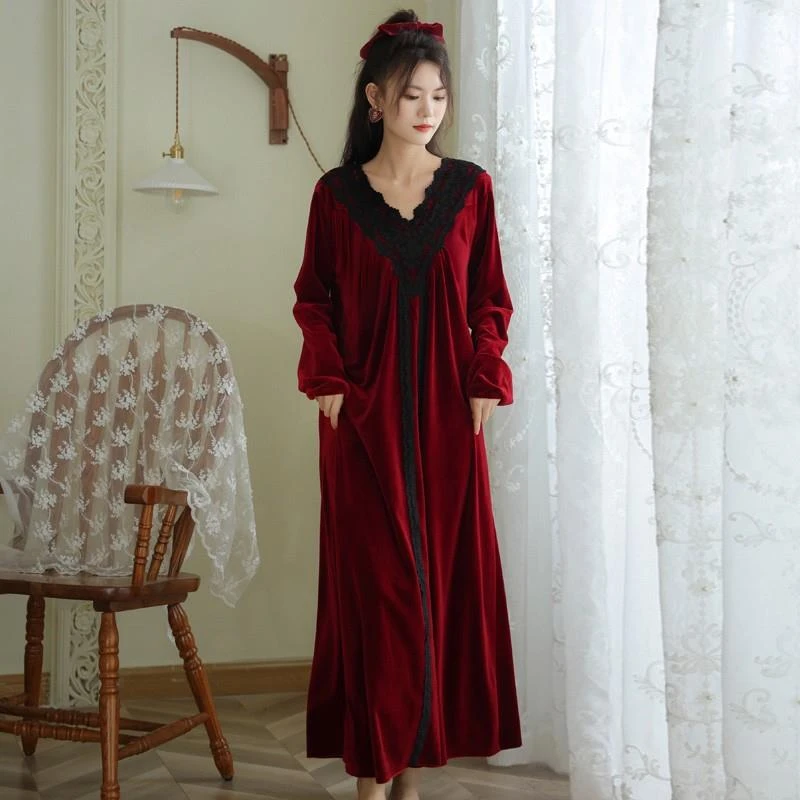 女款睡衣女高级感金丝绒睡裙秋冬红色新中式新娘冬季晨袍睡袍长款