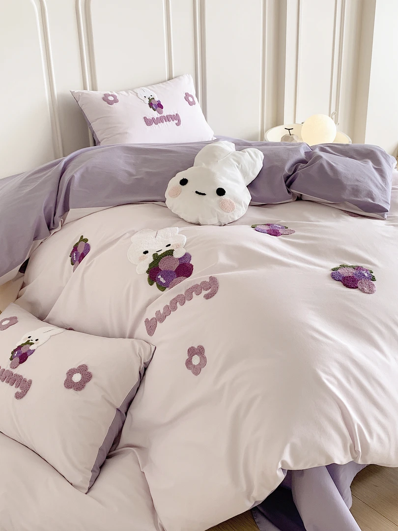 特！小玲子 葡萄兔 高支全棉新疆棉刺绣三件套四件套 简约风