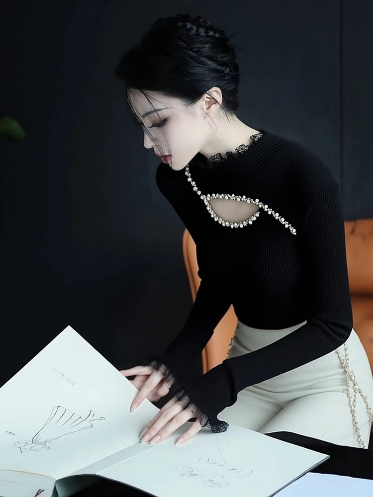 设计感蕾丝拼接镂空半高领毛衣针织衫女2025秋冬修身显瘦长袖上衣