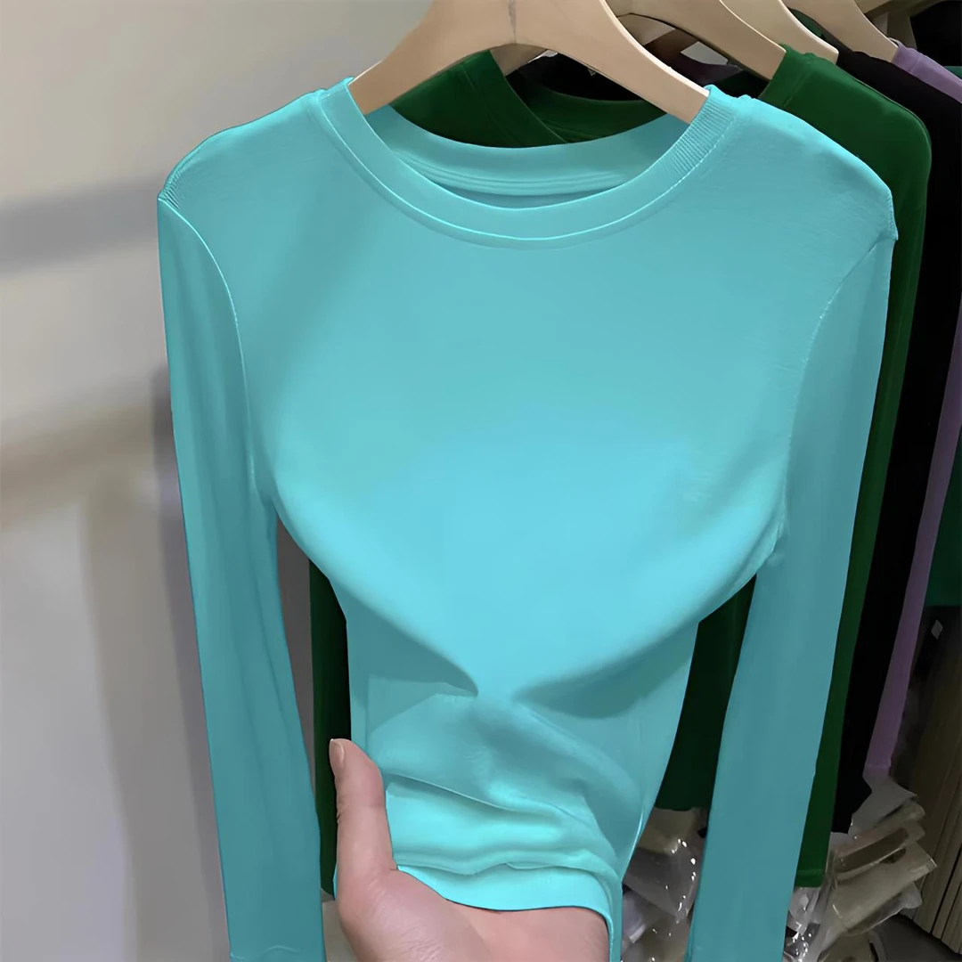 湖蓝色圆领长袖时尚打底衫女内搭2024年春秋修身韩版百搭t恤上衣