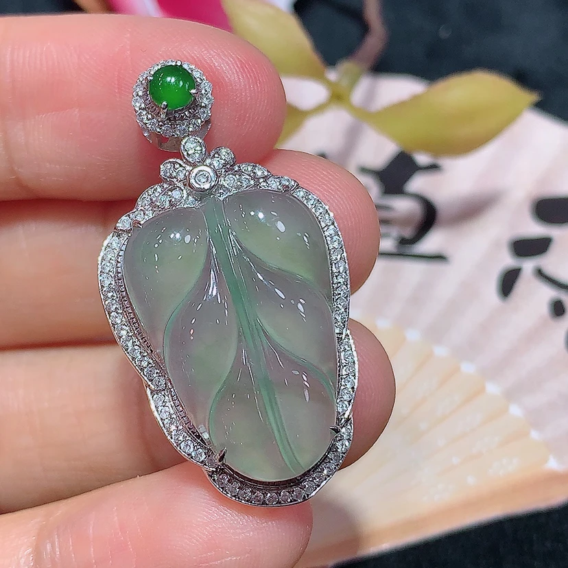 18k金天然A货翡翠晴底树叶吊坠轻奢时尚气质百搭