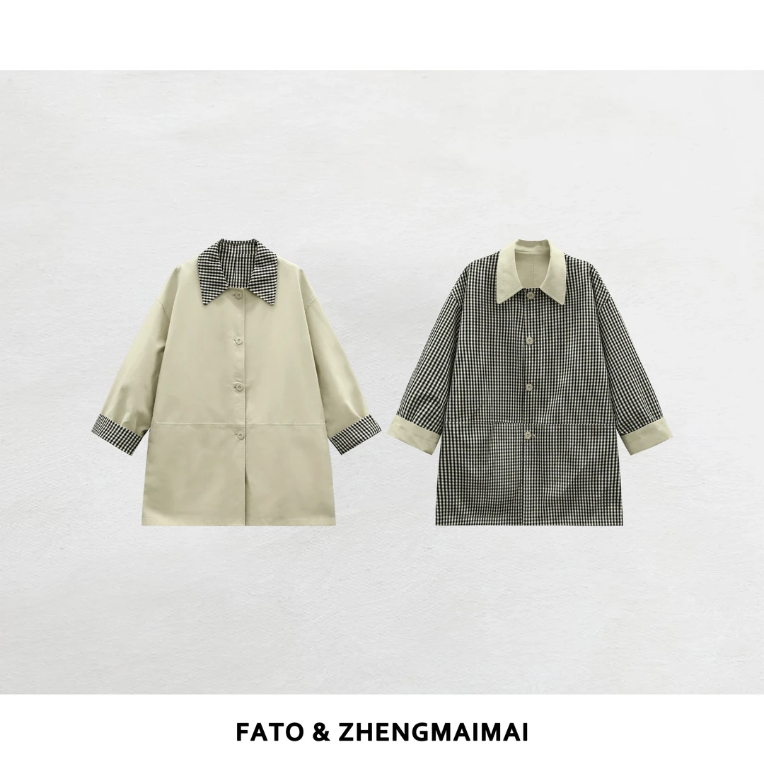 【郑买买】杏仁棋盘 秋季新款正反两穿潮流百搭风衣外套 YZ50724W1