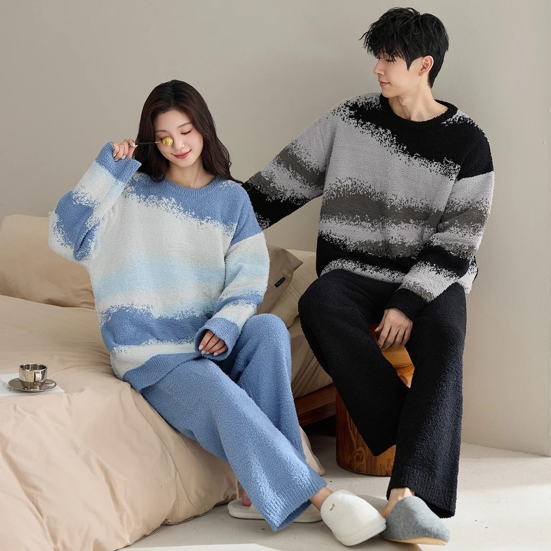 半边绒情侣睡衣冬季新款保暖加厚长袖长裤简约高级感家居服套装