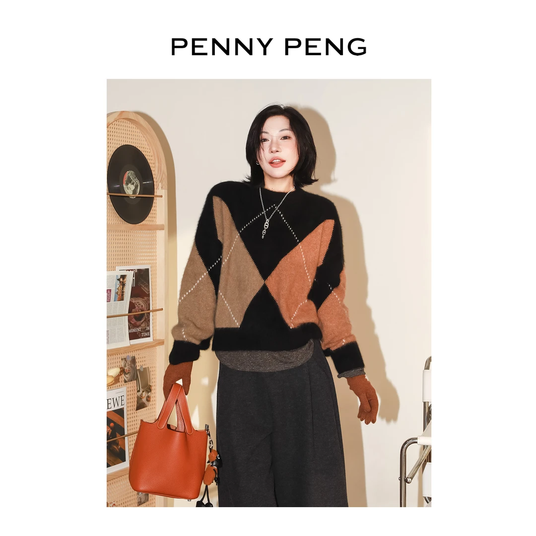 PENNYPENG月光罗盘 秋冬新款复古菱格狐狸绒丝羊毛纱线圆领套头衫