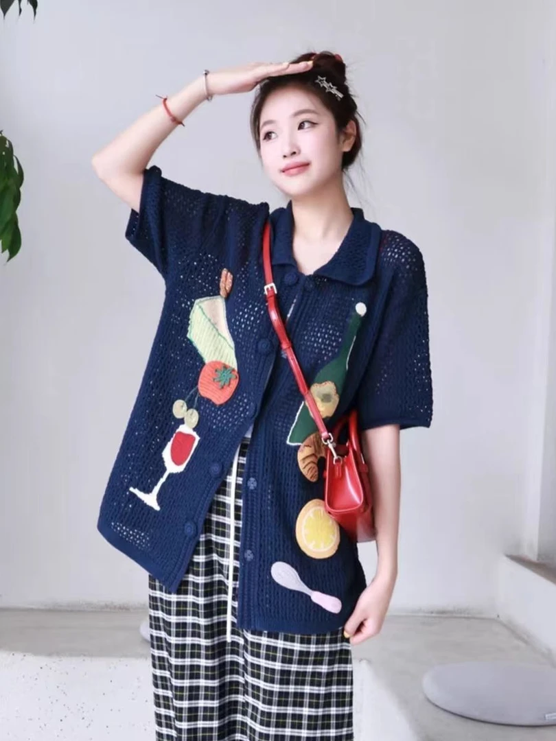 【D090】翻领时尚宽松上衣夏季常规毛针织衫短袖针织衫常规款