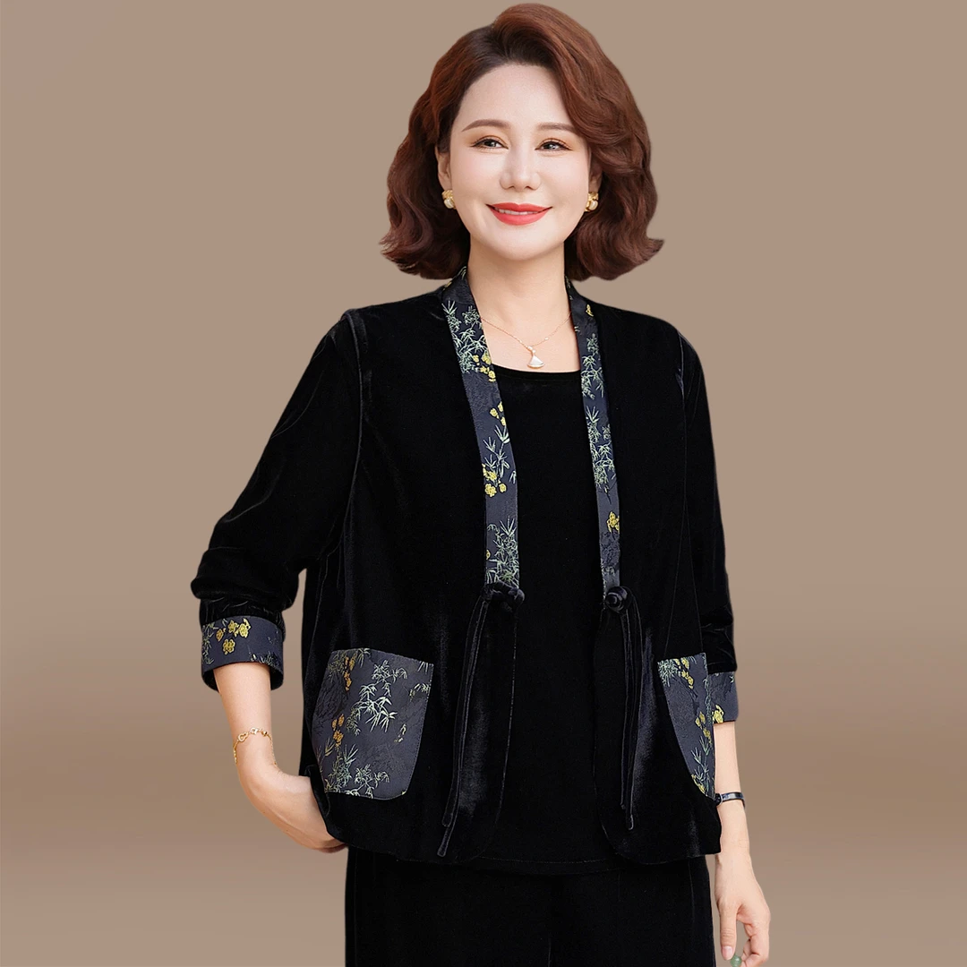 新中式妈妈秋装套装国风金丝绒马甲三件套中老年春秋打底衫上衣女