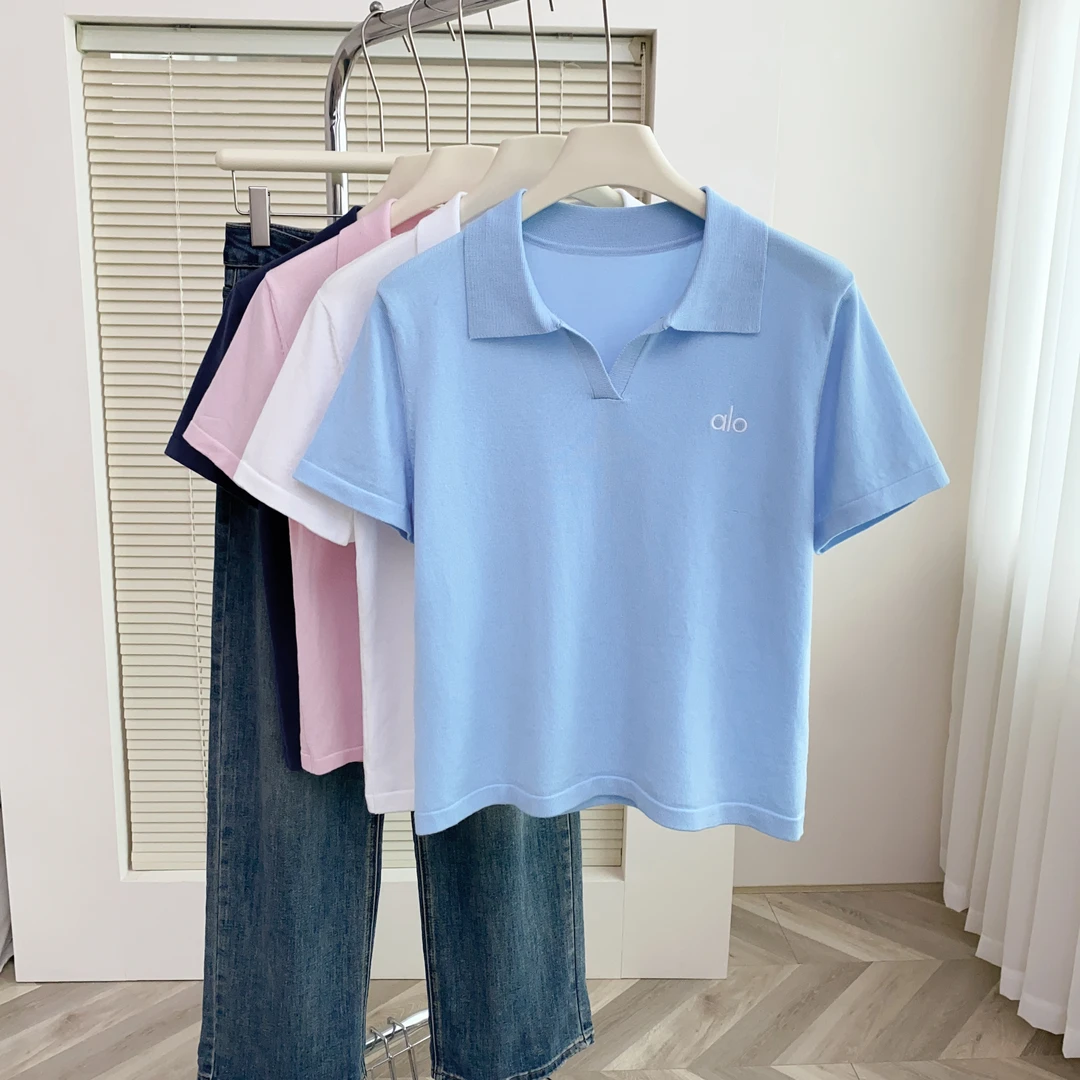 YT351蓝色polo领冰丝针织短袖t恤女夏季夏设计感小众夏款上衣