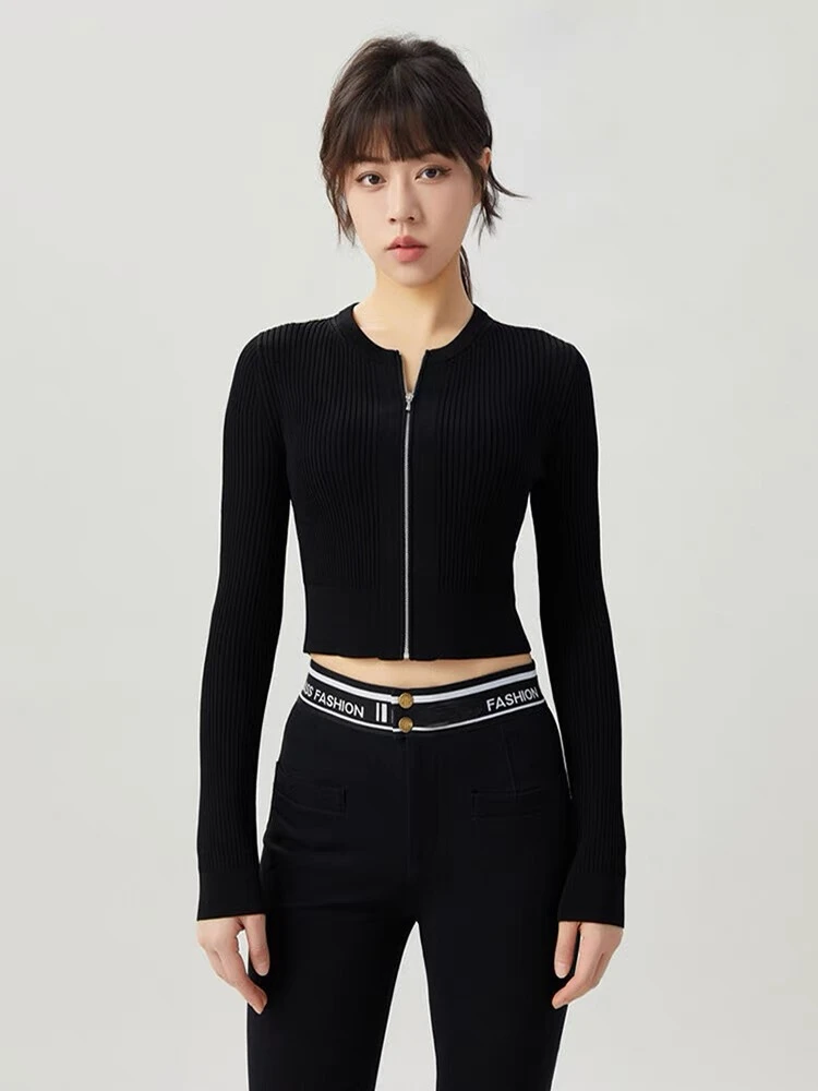 秋季黑色修身短款圆领针织开衫女5499221微瑕品不支持7天无理由