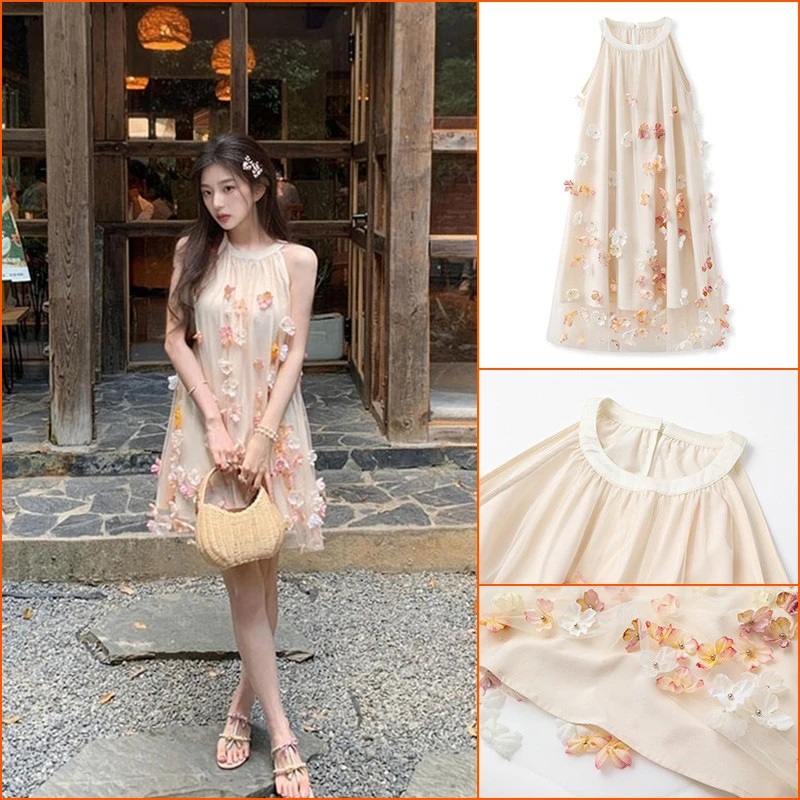 2025夏季新款法式浪漫花朵挂脖连衣裙仙气轻奢高级感短裙 M5068
