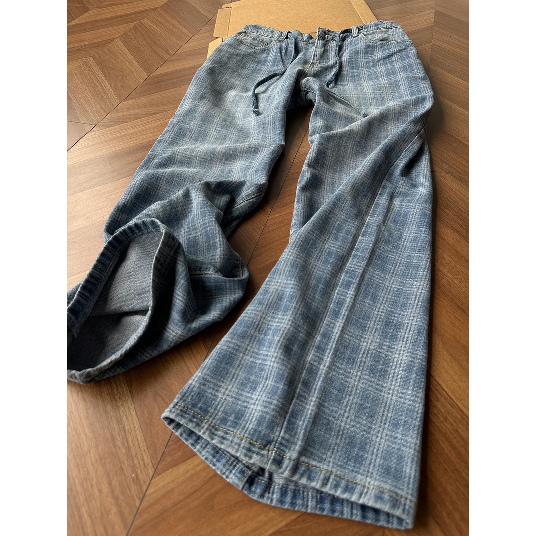 蓝色格子牛仔裤男款夏季潮牌美式复古痞帅裤子cleanfit阔腿直筒裤