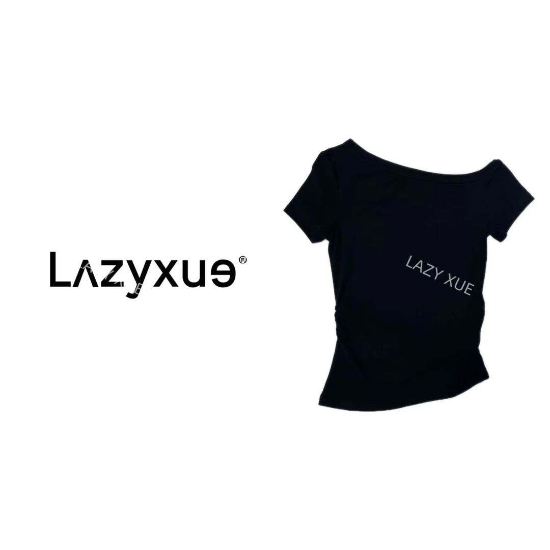LAZYXUE薛懒懒/单落肩春夏褶皱设计师修身短袖一字领T恤 52897
