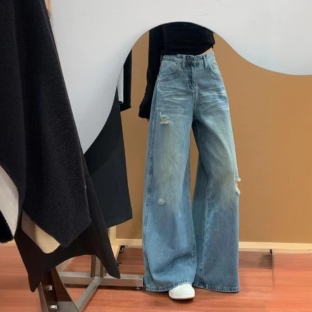 蓝色破洞阔腿牛仔裤女春夏2025新款高腰宽松垂感阔腿拖地裤女