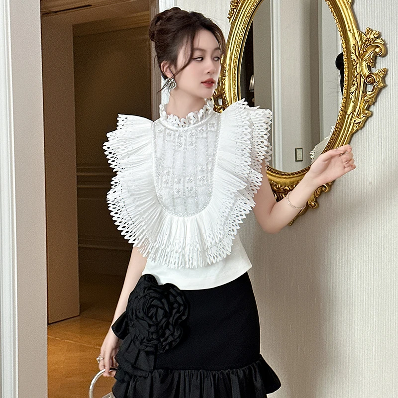 设计师款温柔女夏印花开叉洋气减龄白色上衣91621