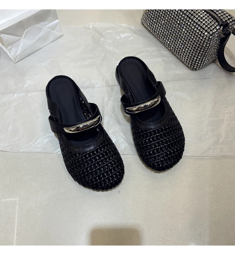 夏季新款简约编织金属扣圆头包头半拖舒适透气真皮女鞋