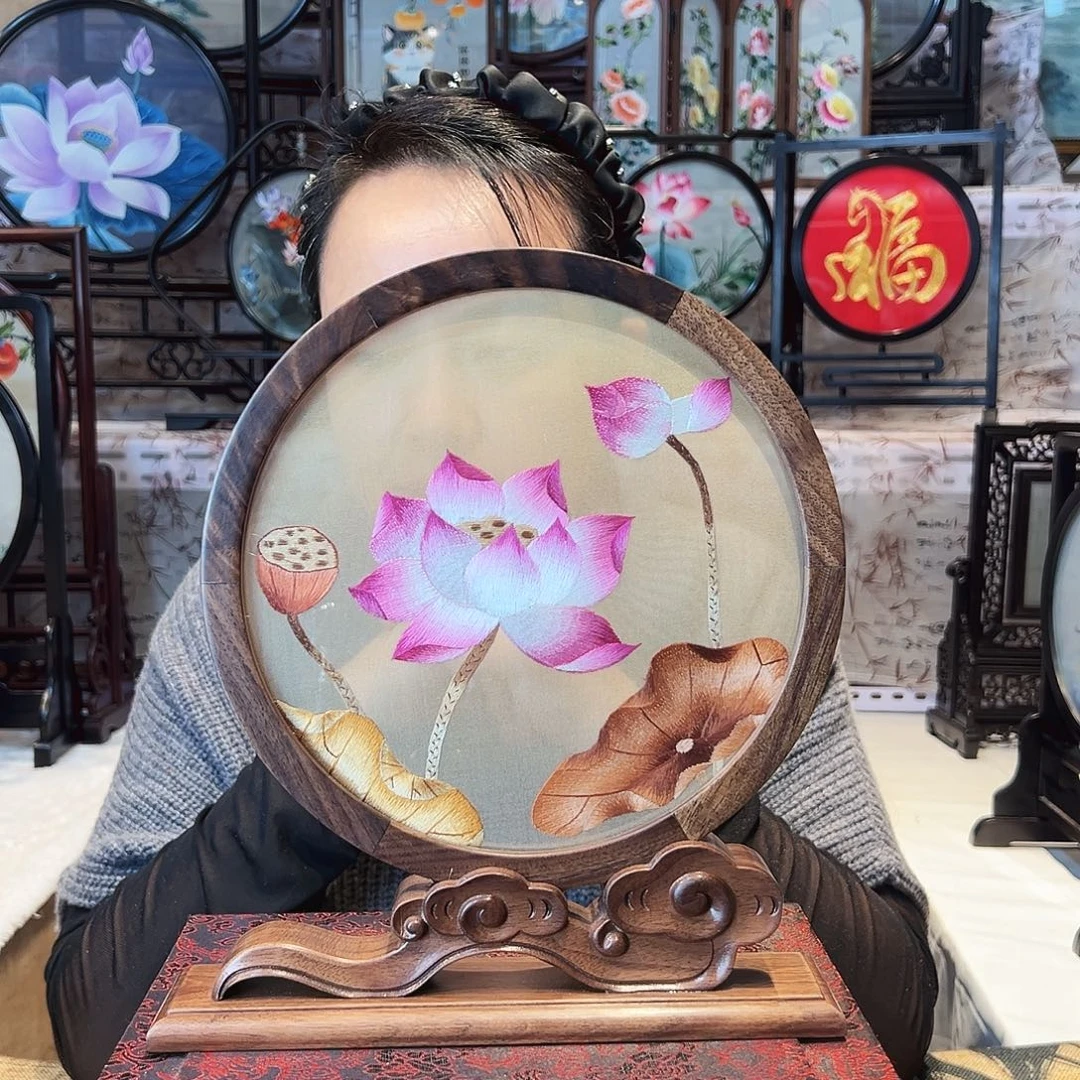 织绣苏绣摆台胡桃木手工双面