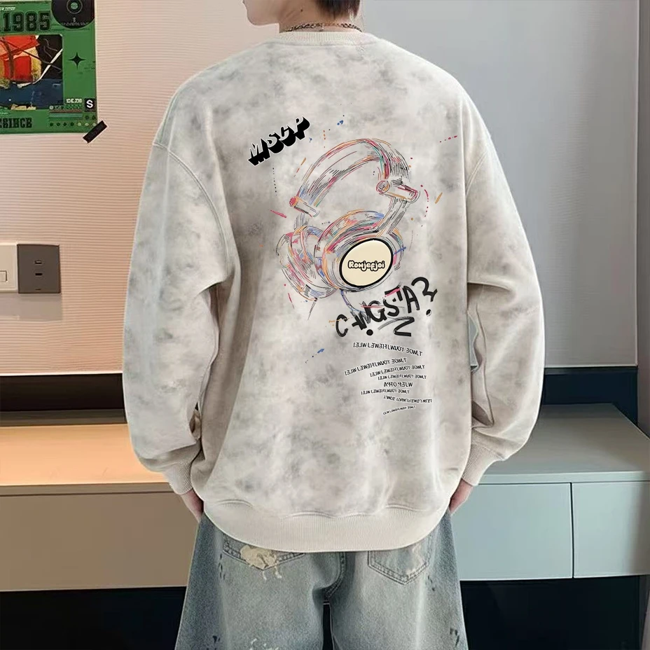 春秋新款扎染美式圆领卫衣男高中生宽松版长袖打底衫百搭休闲上衣