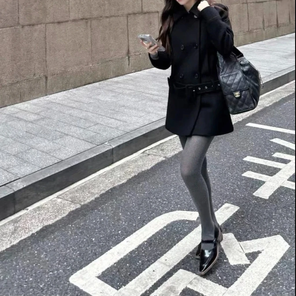 吐司耶耶黑色外套女冬季大衣双排扣中长款翻领宽松复古