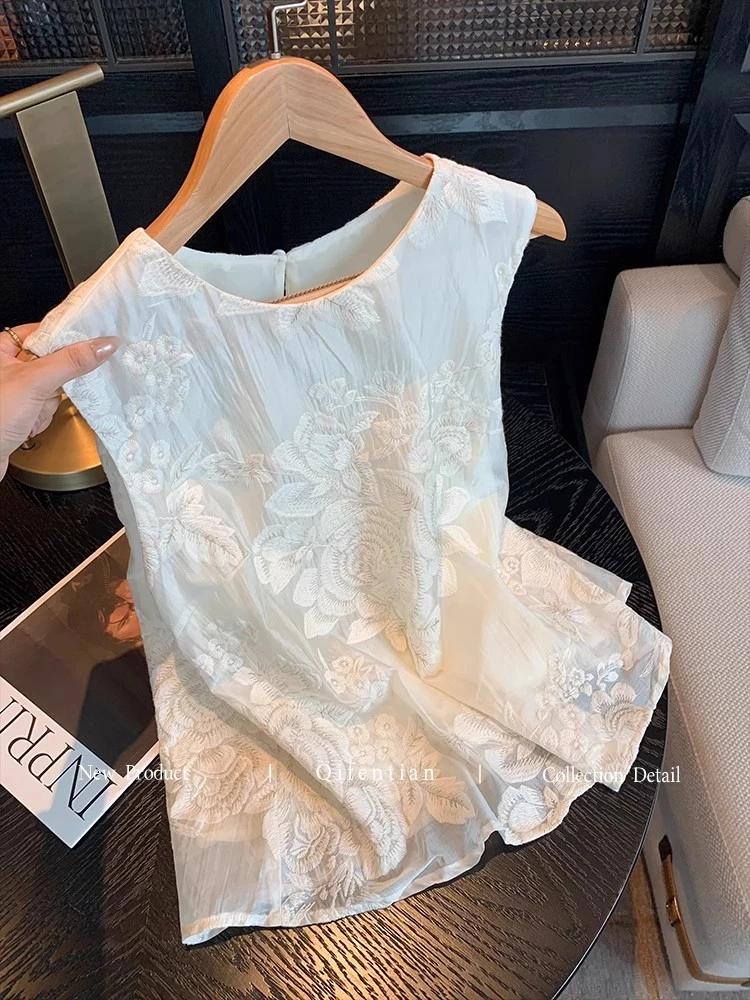 白色衬衫新中式重工刺绣无袖上衣女夏季国风气质温柔宽松百搭背心
