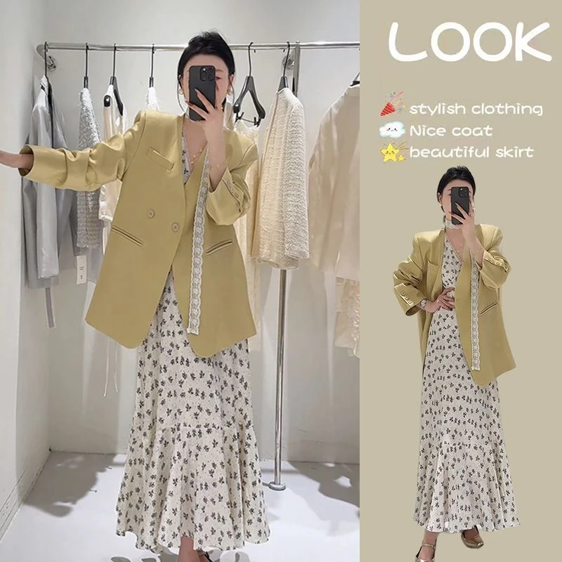 春季套装女2025新款大码女装气质碎花背心连衣裙西装外套两件套装