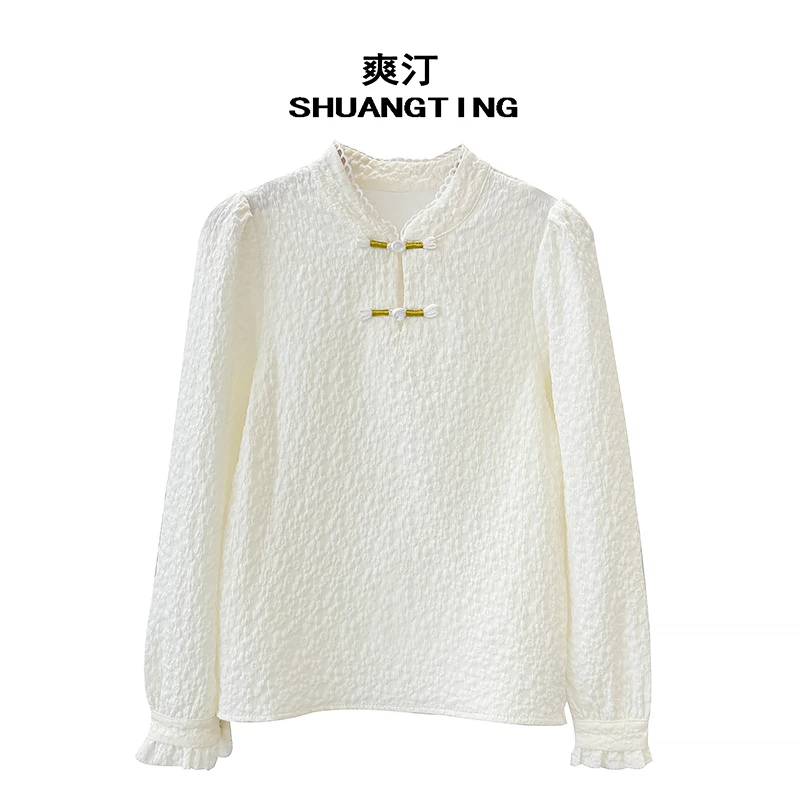 Jokara/丘可儿【玉锦】盘扣立领喇叭衬衫中式打底气质复古中国风春