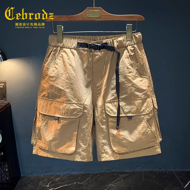 法国Cebrodz夏季薄款短裤男宽松运动速干工装五分松紧腰扣带中裤