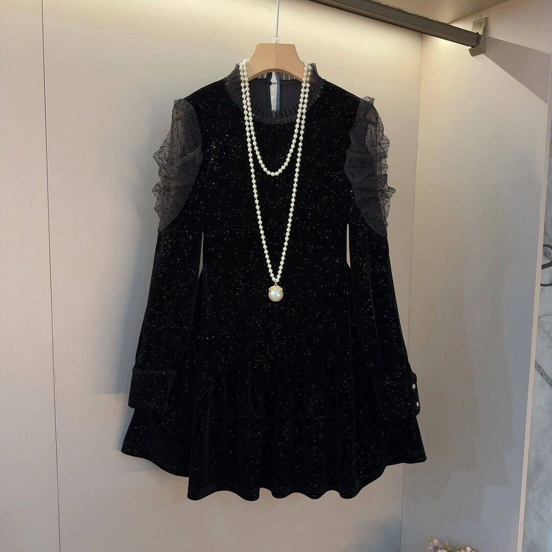 满天星装饰韩系宽松气质蕾丝泡泡肩拼接设计时尚大码女装连衣裙