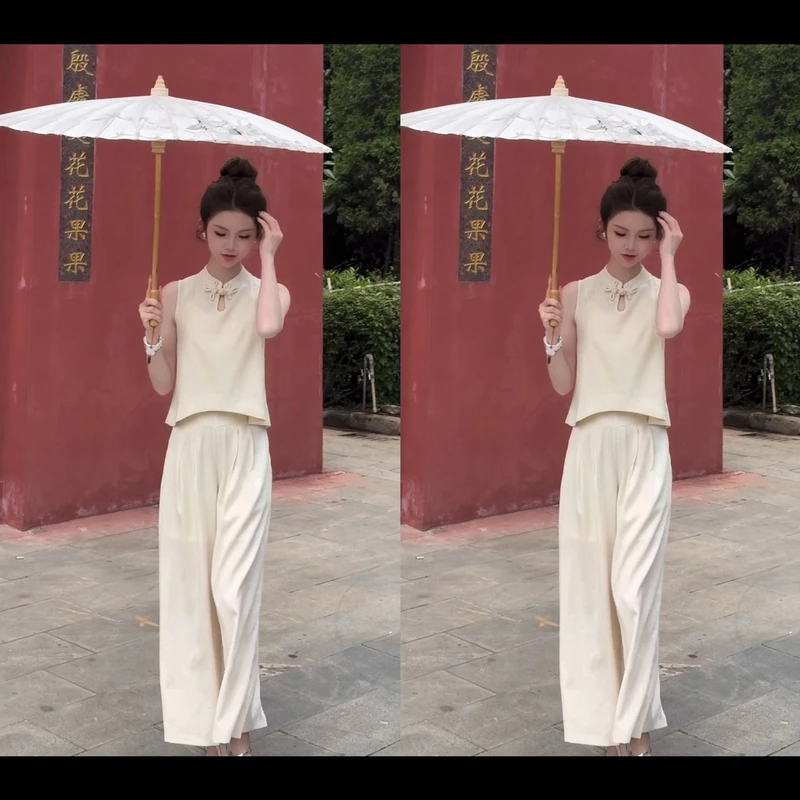 （山黛远）新中式国风立体装饰花盘扣不规则复古显瘦套装