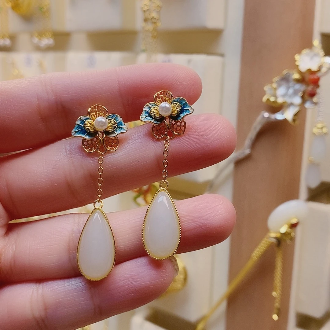 和田玉银S925镀金镶嵌耳饰