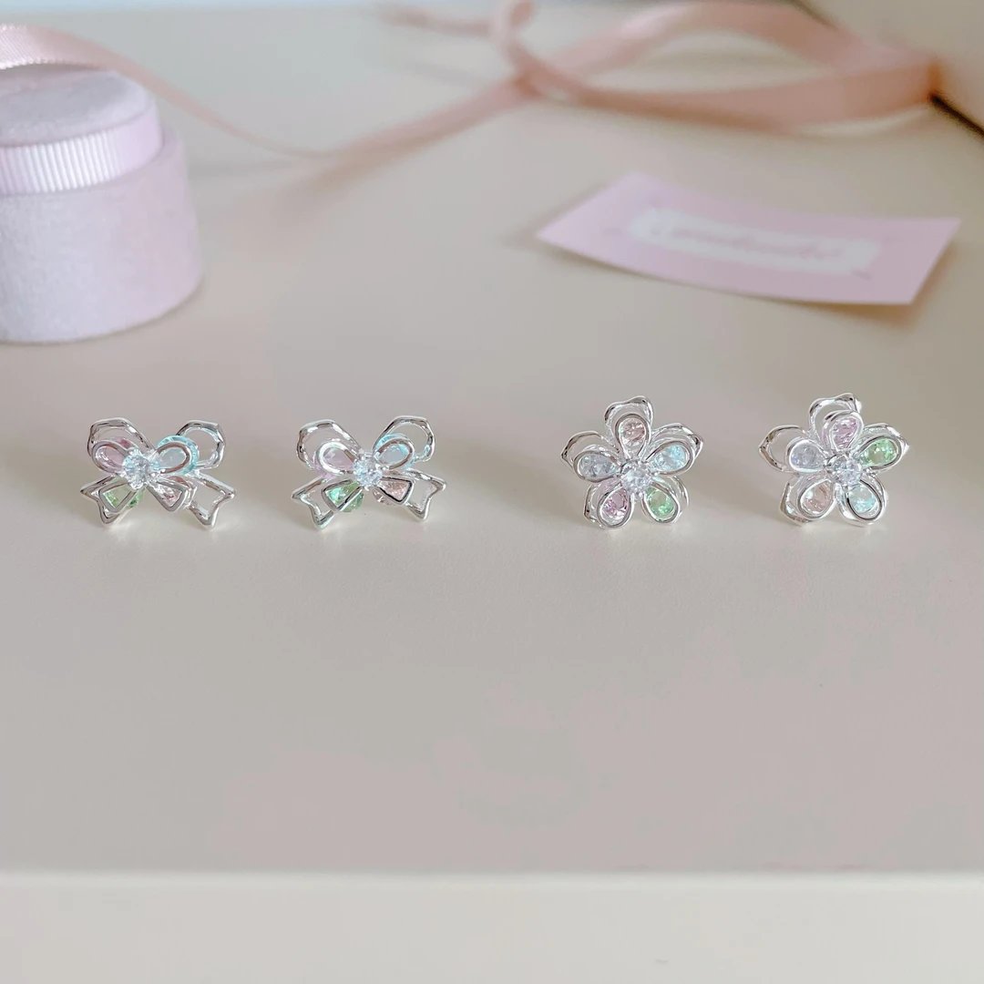 铜合金耳饰 D2042 S925银针锆石花朵蝴蝶个性独特气质耳饰