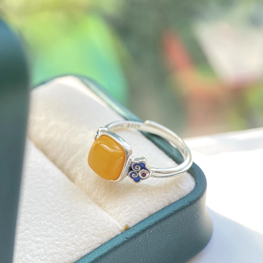 【羽芒】蜜蜡方糖戒指通体S925银镶蜜蜡方形戒指复古如意戒指礼物