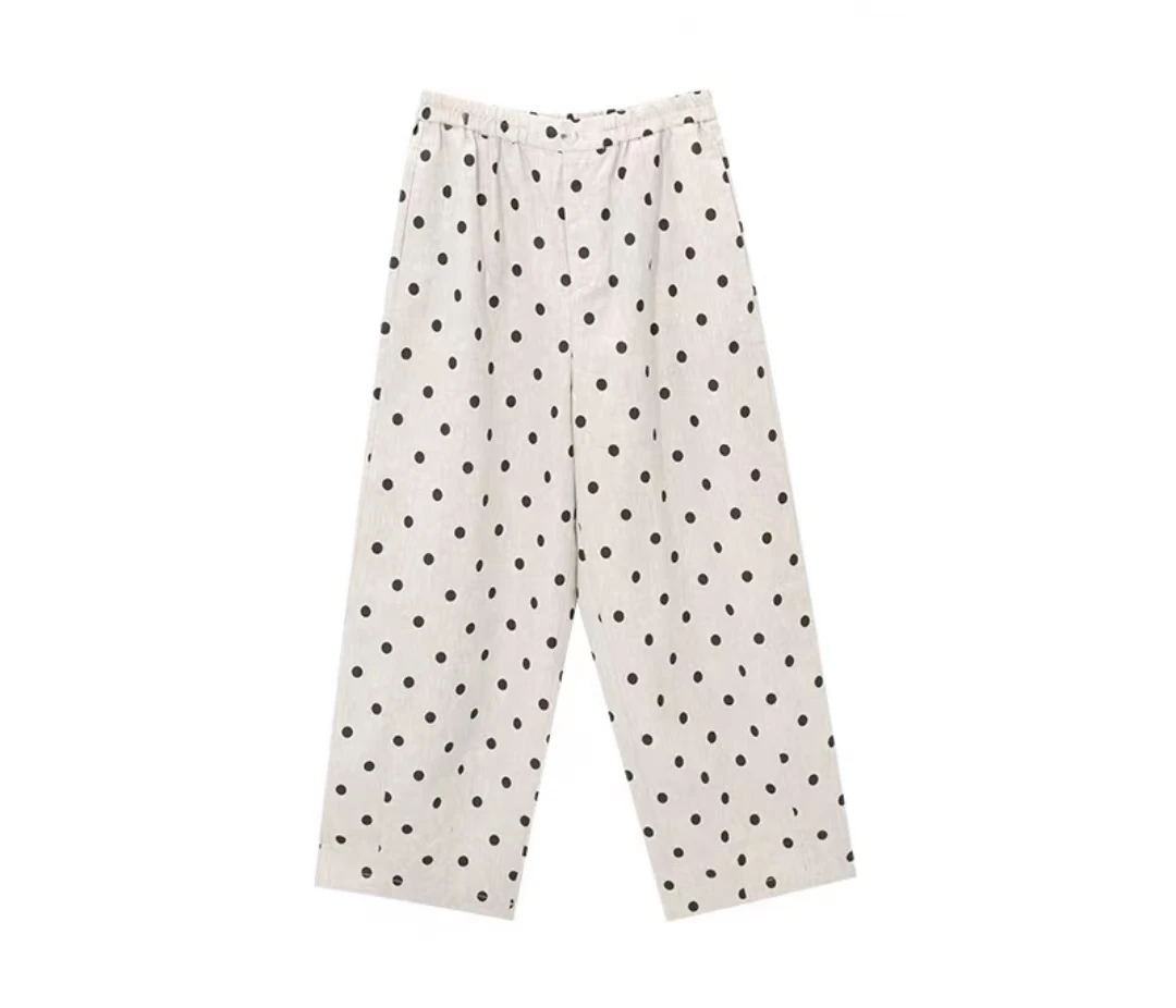 8073 时尚显瘦100亚麻波点花苞裤夏季百搭阔腿裤复古港风休闲裤