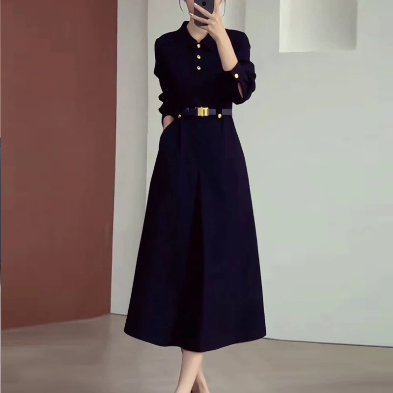 早秋时尚气质赫本风静奢风长袖Polo领连衣裙显瘦收腰名媛大码女装