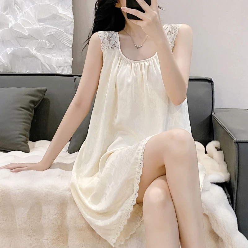 小香风提花吊带睡裙女款爆款2025新款夏季薄款冰丝带胸垫家居服
