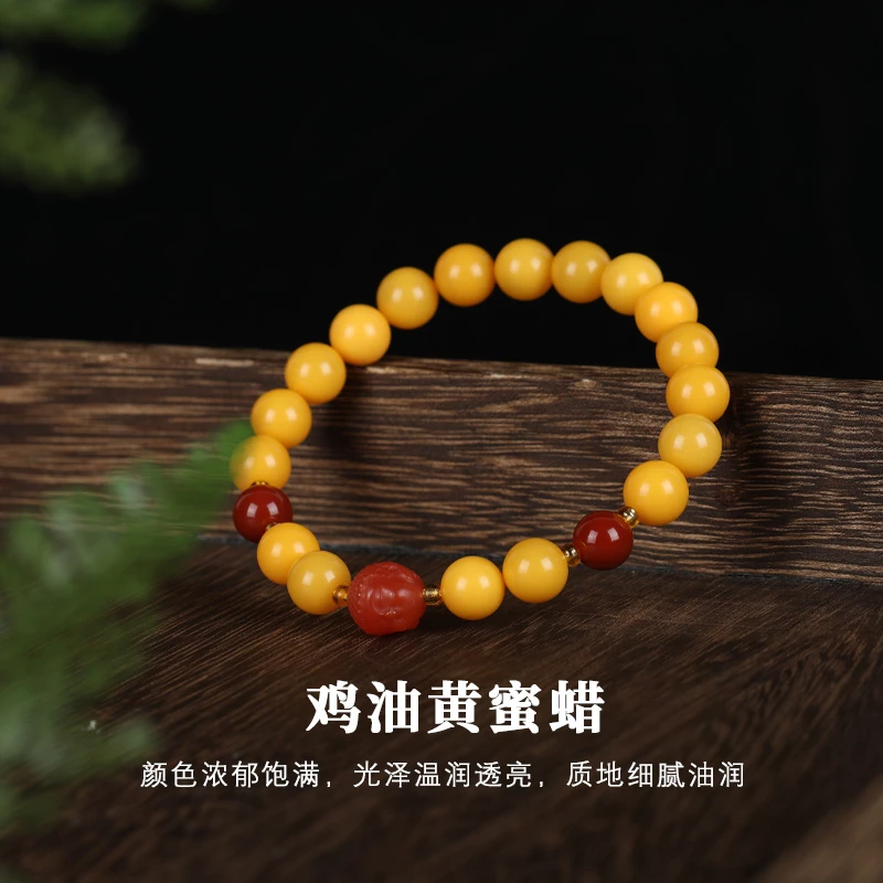 「蜜蜡凝金，南红映霞」天然蜜蜡鸡油黄满蜜设计独特高级感