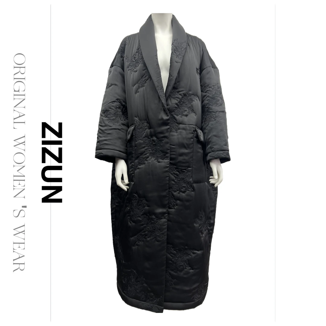 ZIZUN/姿の尊25春季重工刺绣黑色中长款气质外套设计师