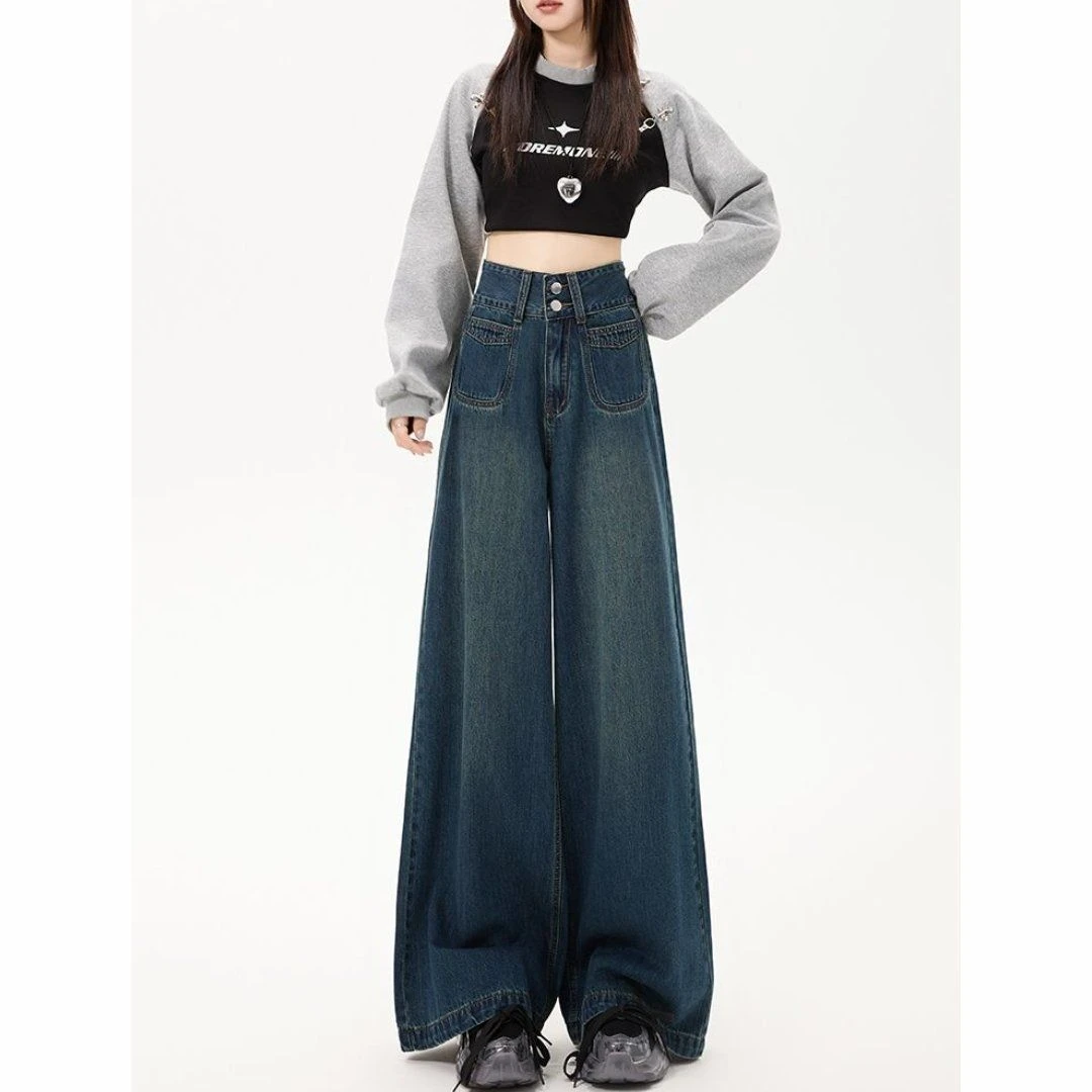 【现货+运险】夏季大码百搭复古蓝直筒牛仔裤女高腰显瘦垂感阔腿裤