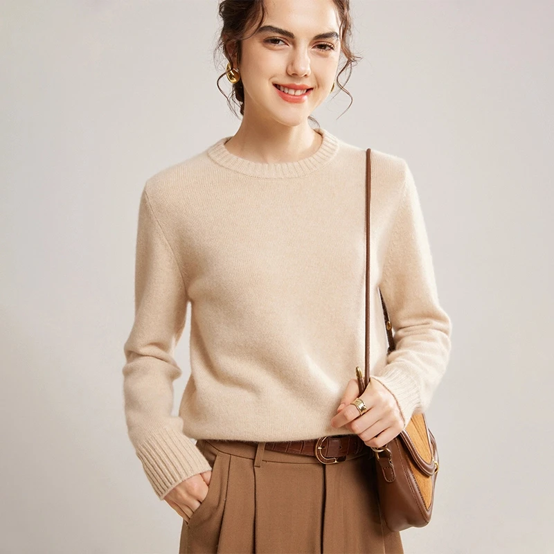 2024冬新款100%山羊绒衫女圆领套头针织衫短款百搭毛衣打底衫