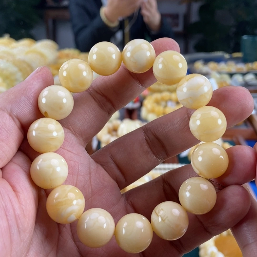琥珀未镶嵌珠宝奇石15白花蜡手串29.2