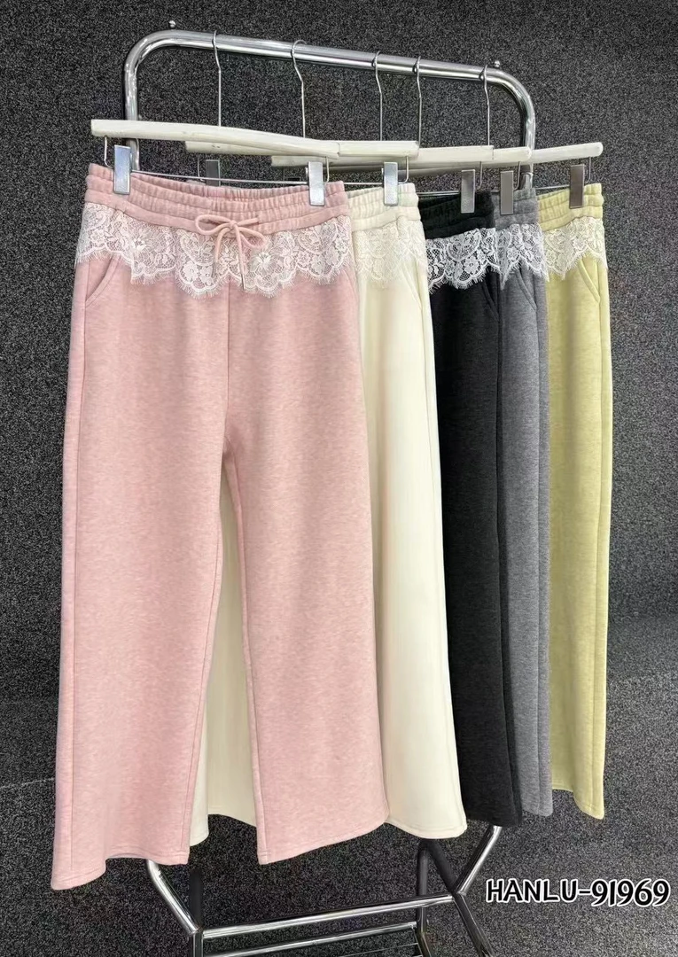 LL琳大码蕾丝拼接系带松紧高腰遮跨休闲裤外穿显瘦阔腿长裤91969