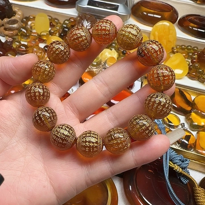 手链琥珀未镶嵌天然缅甸琥珀雕刻心经手串28.2克