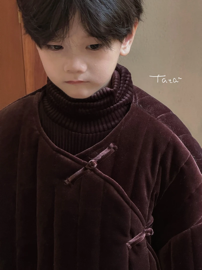 儿童复古日韩系丝绒斜襟盘扣外套女童男童宝宝国风加绒加厚秋冬