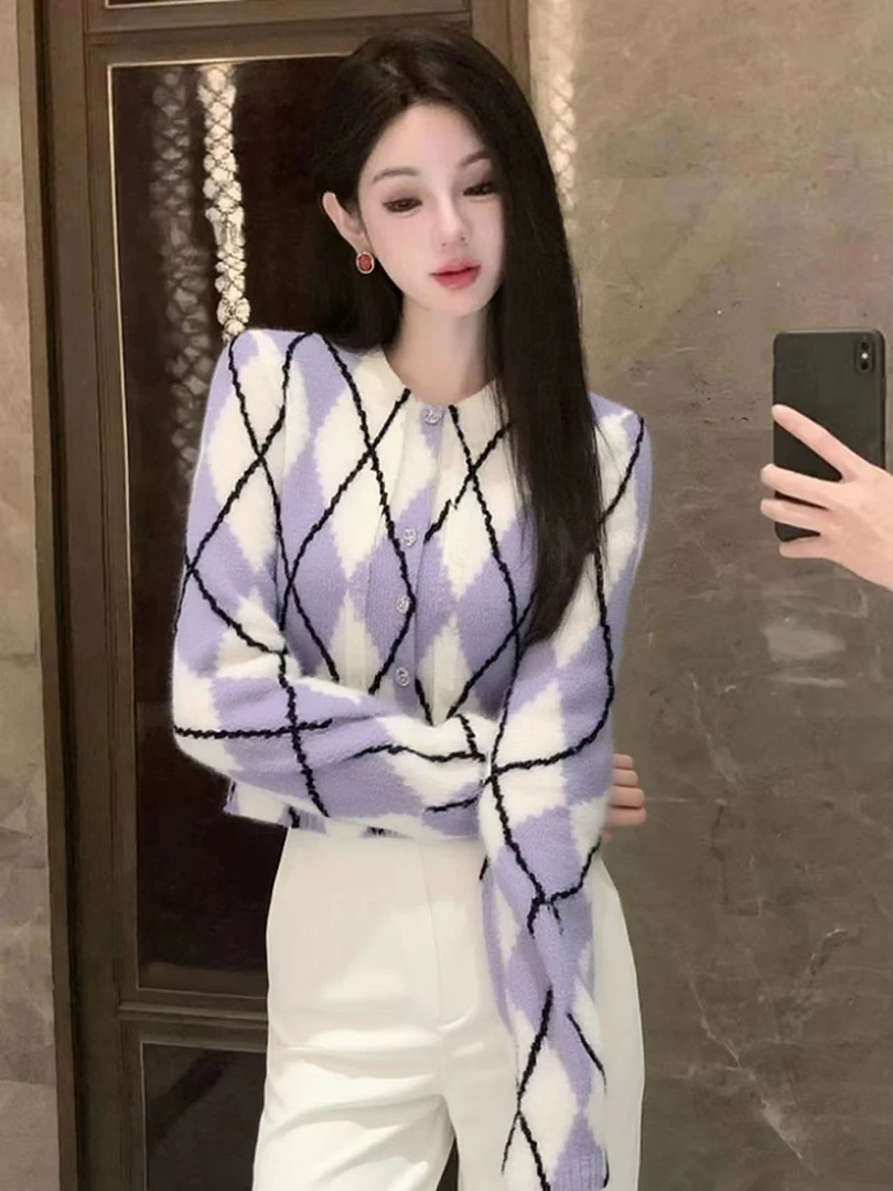 SS5036欧货紫色撞色毛衣女外穿新款秋短款针织衫上衣长袖打底衫