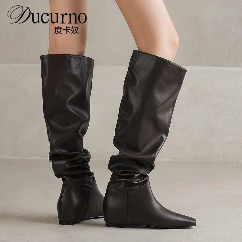 度卡奴欧美街头方头内增高骑士靴女褶皱两穿堆堆靴胖mm大筒围长靴
