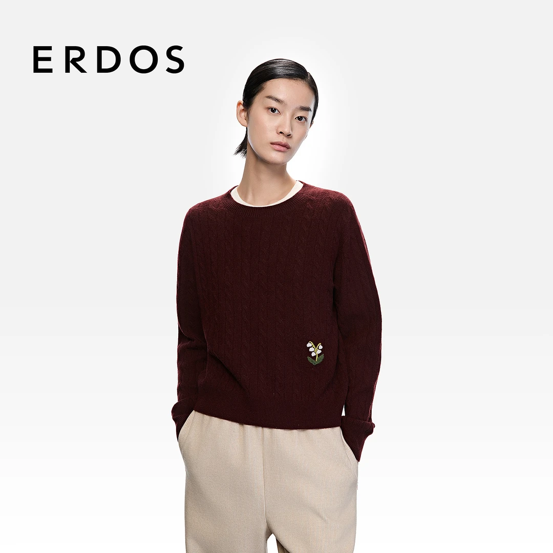 ERDOS 绞花女士羊绒衫25年早秋新品圆领手绣铃兰花朵装饰复古套衫