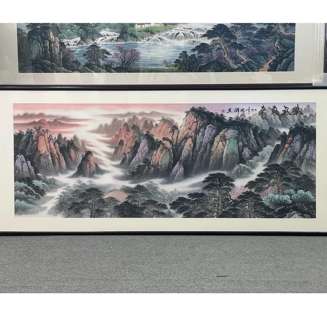 手绘【紫气东来旭日东升江山揽胜】国画山水画客厅办公室挂画55-2