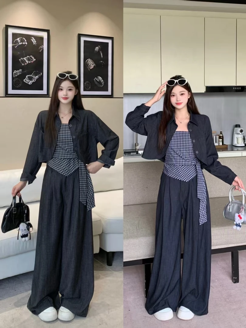 大码女装2025秋季新款复古港风格子显瘦仙女风时尚三件套2185